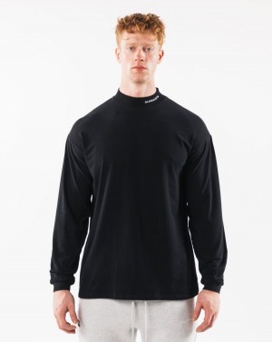 Men's Alphalete Brushed Core Mock Neck LS Shirts Black | 0157-SVHBK