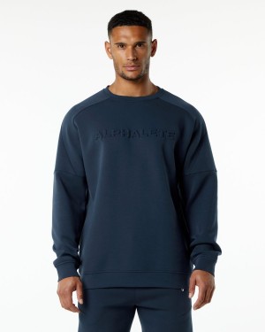 Men's Alphalete ELMTS Crewneck Sweater Jackets Harbor Navy | 9475-LGCFM