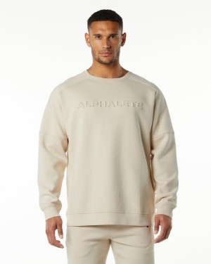 Men's Alphalete ELMTS Crewneck Sweater Jackets Vanilla | 4382-AFWJB