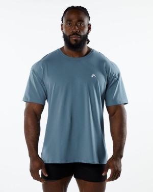 Men's Alphalete Emblem Tee Shirts Atlantic Blue | 3649-UOABJ