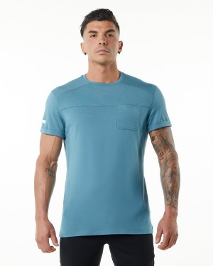 Men's Alphalete Evo Pocket Tee Shirts Blue Lagoon | 6238-LWUDA