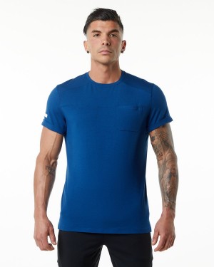 Men's Alphalete Evo Pocket Tee Shirts Persian Blue | 1605-ZWIEO