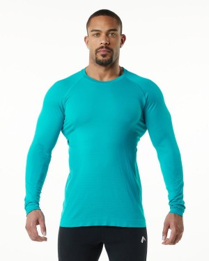 Men's Alphalete Hero Long Sleeve Tee Shirts Ocean | 0174-CUBEA