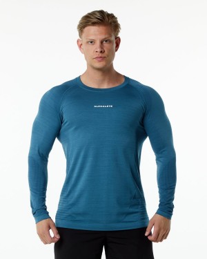 Men's Alphalete Ozone LS Tee Shirts Atlantic Blue | 9472-GKIMP