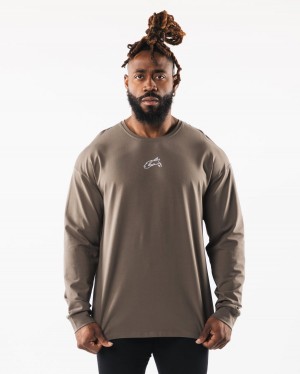 Men's Alphalete Wolf Head LS Tee Shirts Desert Taupe | 9705-YCFKL