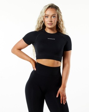 Women's Alphalete Amplify SS Crop Shirts Black | 3827-QSKGY