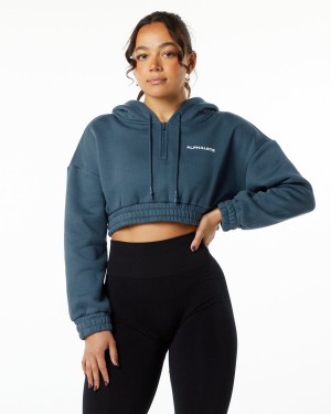 Women's Alphalete Classic Capital Crop Hoodie Hoodie Whale Blue | 5863-EJQHK