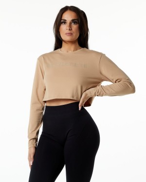 Women's Alphalete Core LS Crop Long Sleeve Taupe | 2145-EMPZG