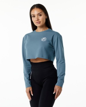 Women's Alphalete Dynasty LS Crop Long Sleeve Atlantic Blue | 0231-WORQZ