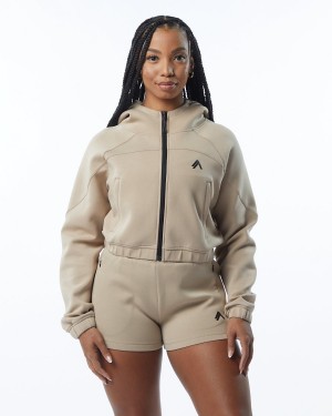 Women's Alphalete ELMTS Full-Zip Crop Jacket Jackets Tan | 5198-YFOWX