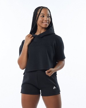 Women's Alphalete ELMTS Half Sleeve Hoodie Hoodie Black | 2397-YLWUC