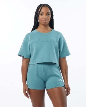 Women's Alphalete ELMTS Half Sleeve Pullover Jackets Teal | 0981-BKJDV