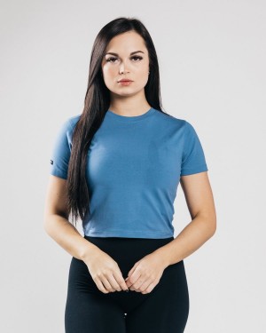 Women's Alphalete Essential Short Sleeve Crop Shirts Denim Blue | 2681-MIROX