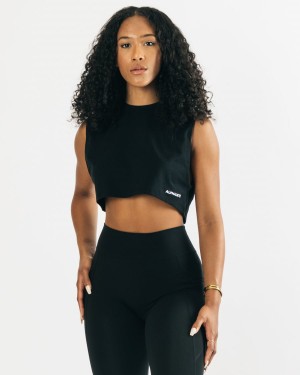 Women's Alphalete Heavy Cotton Cropped Cutoff Tank Top Black | 8406-YUROV