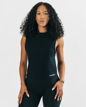 Women's Alphalete Heavy Cotton Cutoff Tank Top Black | 9185-JECNO