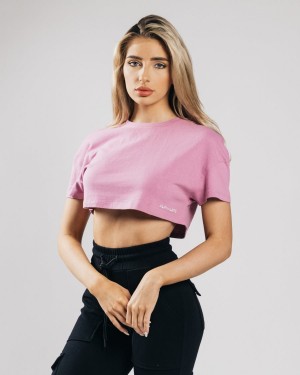 Women's Alphalete Heavy Cotton Dropped Shoulder Crop Shirts Pastel Pink | 1825-WUZQE