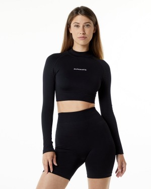 Women's Alphalete Ozone High Neck LS Crop Long Sleeve Black | 8392-WBUXO