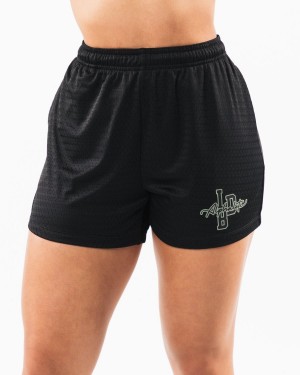 Women's Alphalete Signature Mesh Short 4" Shorts Black / Sage | 3512-TNSLE