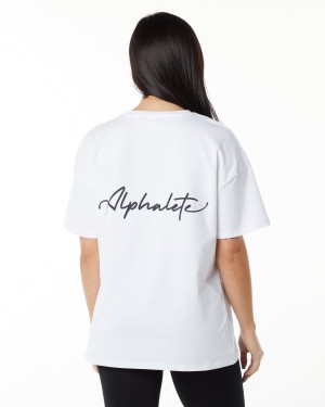 Women's Alphalete Signature Oversized Tee Shirts White | 3248-YMANT