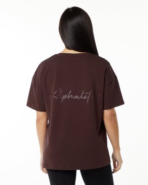 Women's Alphalete Signature Oversized Tee Shirts Burgundy | 0978-EHFSP