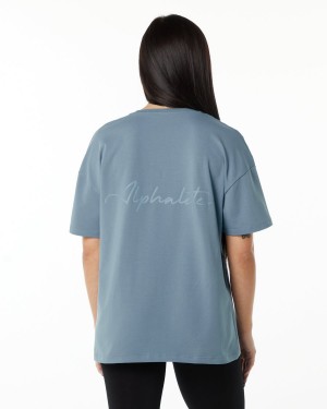 Women's Alphalete Signature Oversized Tee Shirts Fog Blue | 8963-KULON