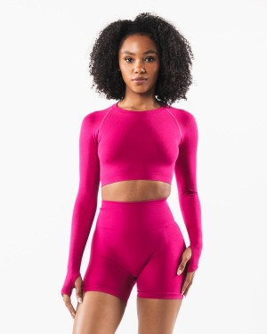 Women's Alphalete Stratus LS Crop Long Sleeve Magenta | 4237-GKFWO