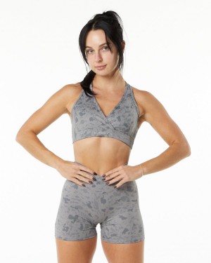 Women's Alphalete Surface Wrap Bra Sports Bra Pebble Print Stone Grey | 8430-YOPDJ