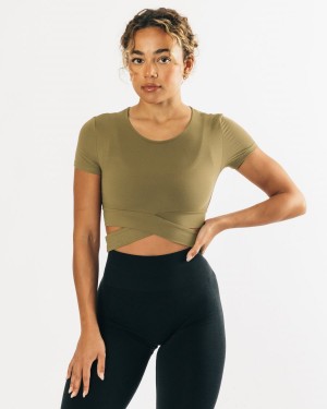 Women's Alphalete Ultrasoft Wrap Tie Top Shirts Olive | 1320-AHCJW