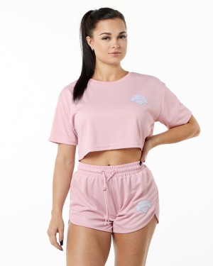 Women's Alphalete Varsity Crop Shirts Pink | 7265-AQYVX