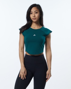 Women's Alphalete Velocity Crop Tee Shirts Velvet Teal | 6397-XQSWU