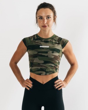 Women's Alphalete Velocity Crop Tee Shirts Olive Canvas Camo | 2845-LUWHG