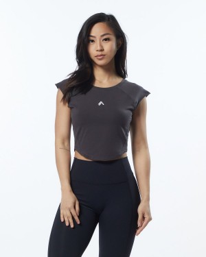 Women's Alphalete Velocity Crop Tee Shirts Obscure Grey | 7864-BNVYG