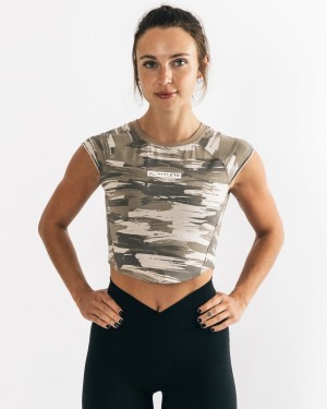 Women's Alphalete Velocity Crop Tee Shirts Tan Canvas Camo | 1936-AVBJO