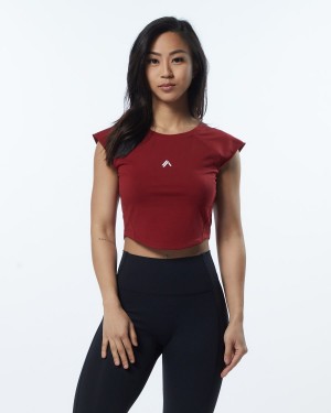 Women's Alphalete Velocity Crop Tee Shirts Tartan Red | 0795-FQHGB