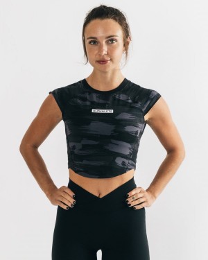 Women's Alphalete Velocity Crop Tee Shirts Black Canvas Camo | 2841-YNGOF