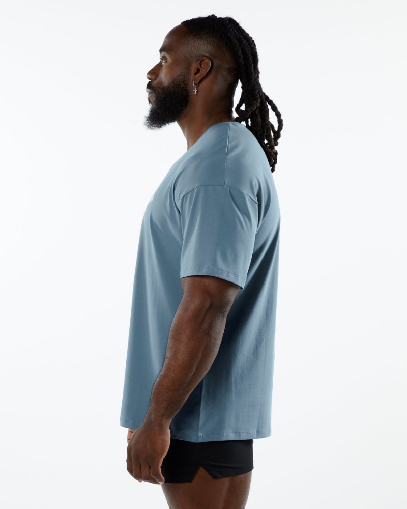 Men's Alphalete Emblem Tee Shirts Atlantic Blue | 3649-UOABJ