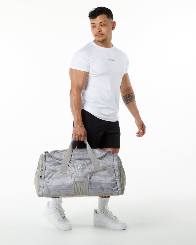 Men's Alphalete Essential Duffel Bag Accessories Desert Canvas Camo | 7463-XLRAN