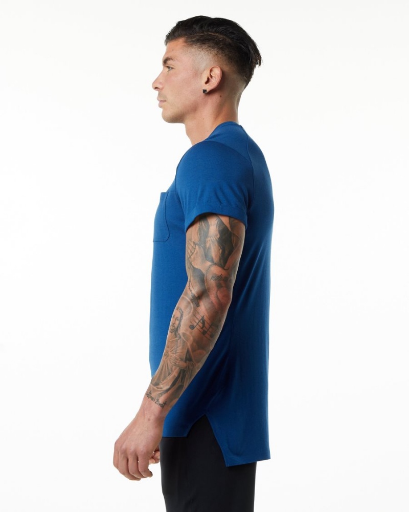 Men's Alphalete Evo Pocket Tee Shirts Persian Blue | 1605-ZWIEO