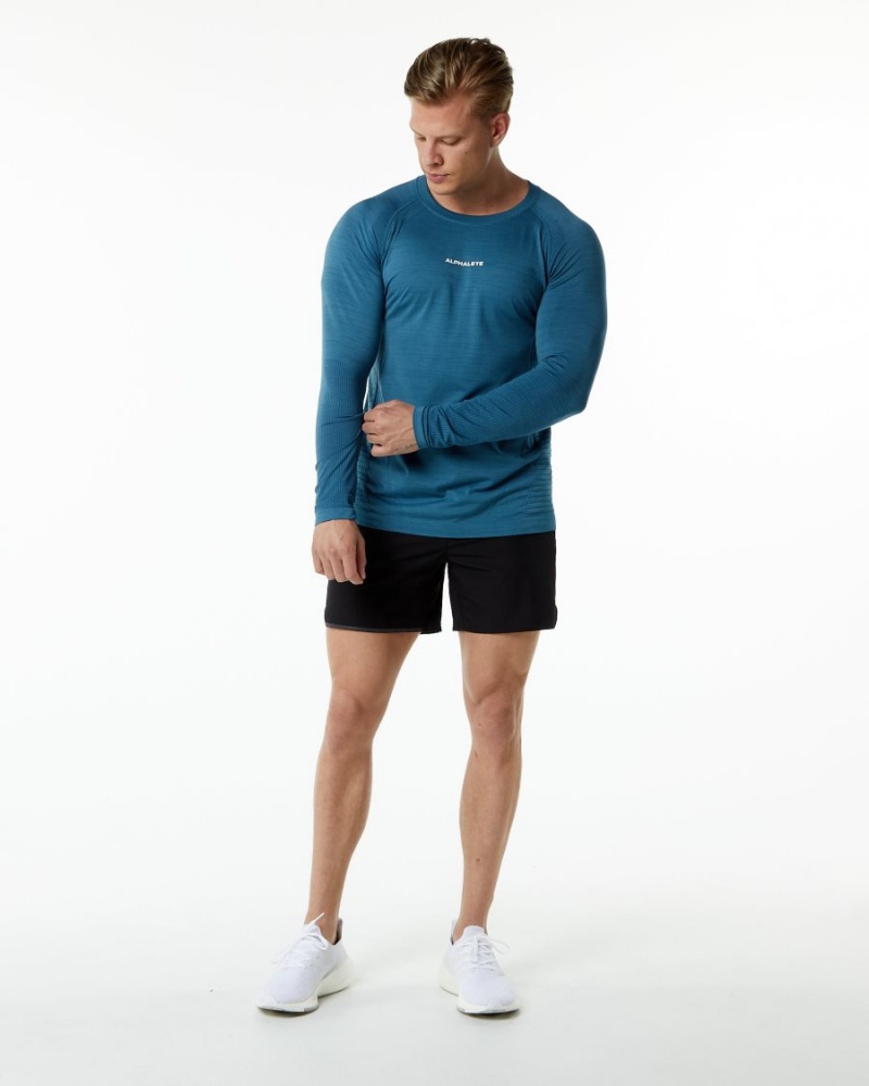 Men's Alphalete Ozone LS Tee Shirts Atlantic Blue | 9472-GKIMP