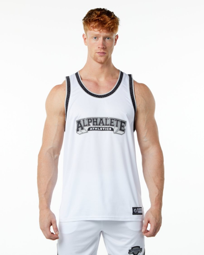 Men\'s Alphalete Varsity Basketball Jersey Stringers White | 1645-EMBUF