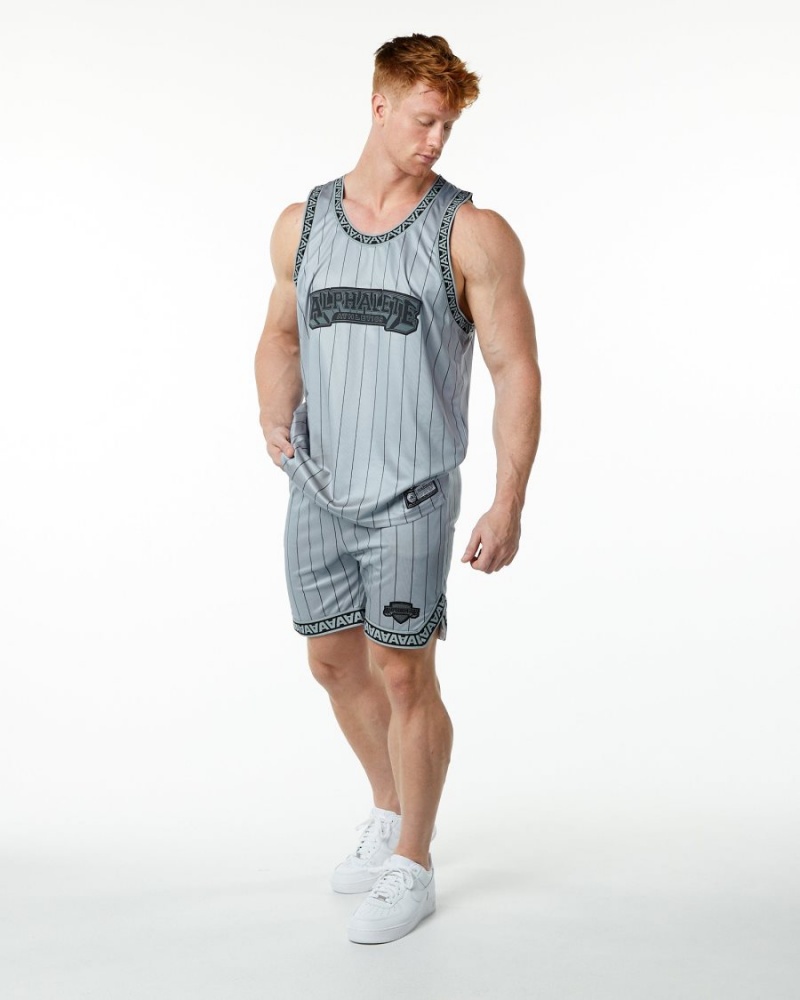 Men's Alphalete Varsity Basketball Jersey Stringers Grey Pinstripe | 4097-ICAKU