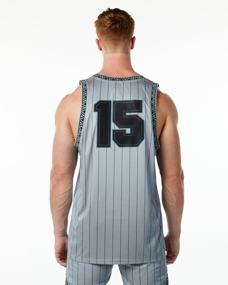 Men's Alphalete Varsity Basketball Jersey Stringers Grey Pinstripe | 4097-ICAKU