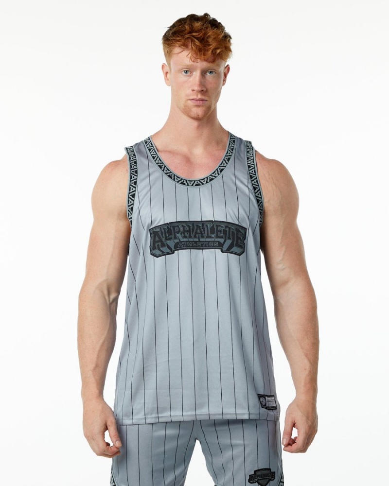 Men\'s Alphalete Varsity Basketball Jersey Stringers Grey Pinstripe | 4097-ICAKU