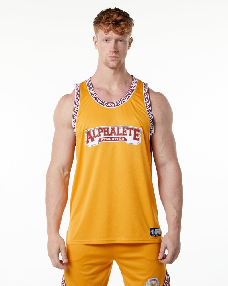 Men\'s Alphalete Varsity Basketball Jersey Stringers Marigold | 3702-UILDP