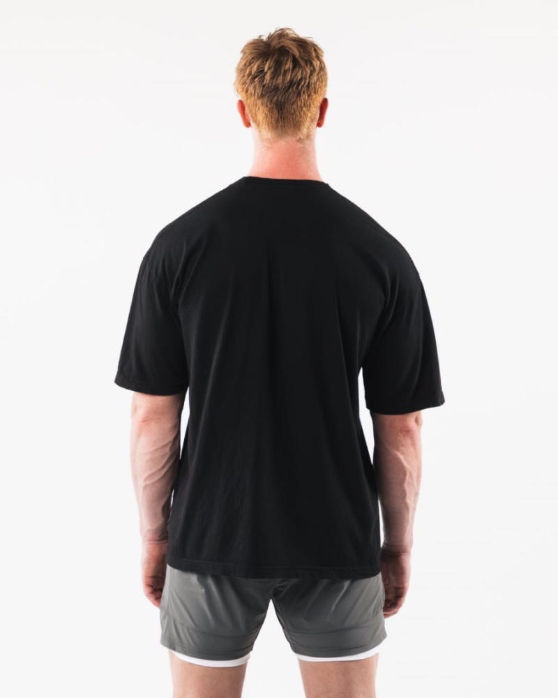 Men's Alphalete Varsity Tee Shirts Black | 6215-OPFXS