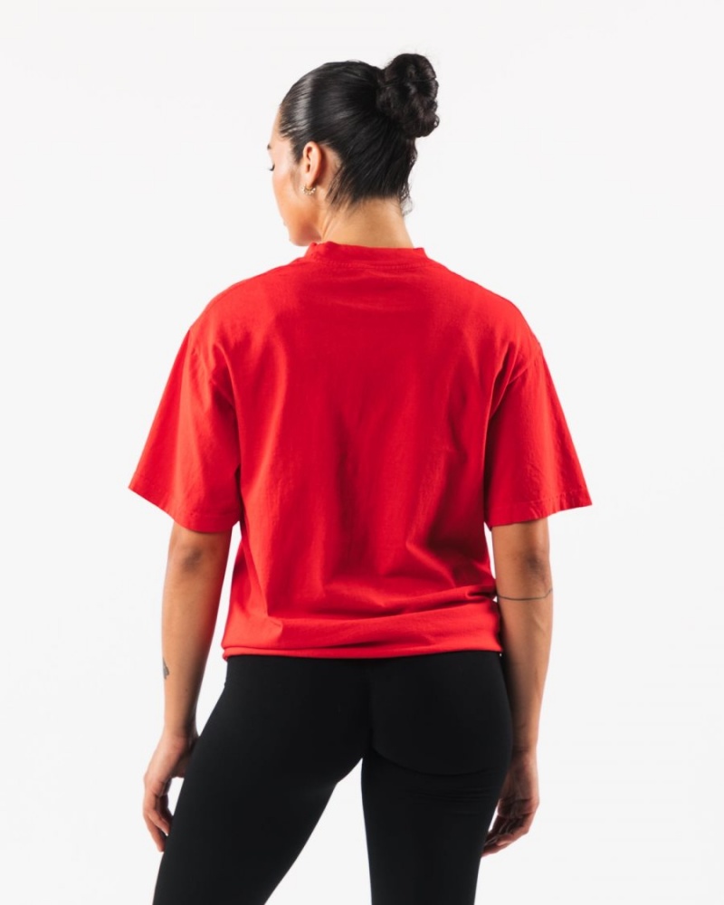 Men's Alphalete Varsity Tee Shirts Red | 4976-DTPCL