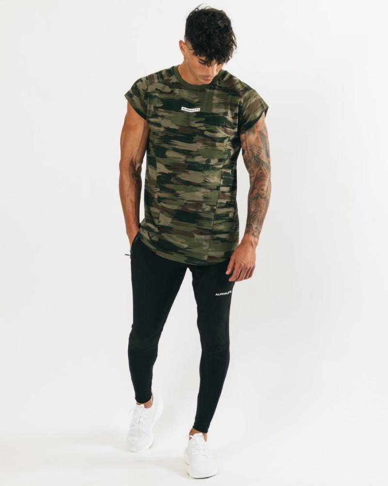 Men's Alphalete Velocity Sleeveless Tee Stringers Olive Canvas Camo | 1729-IDAOQ