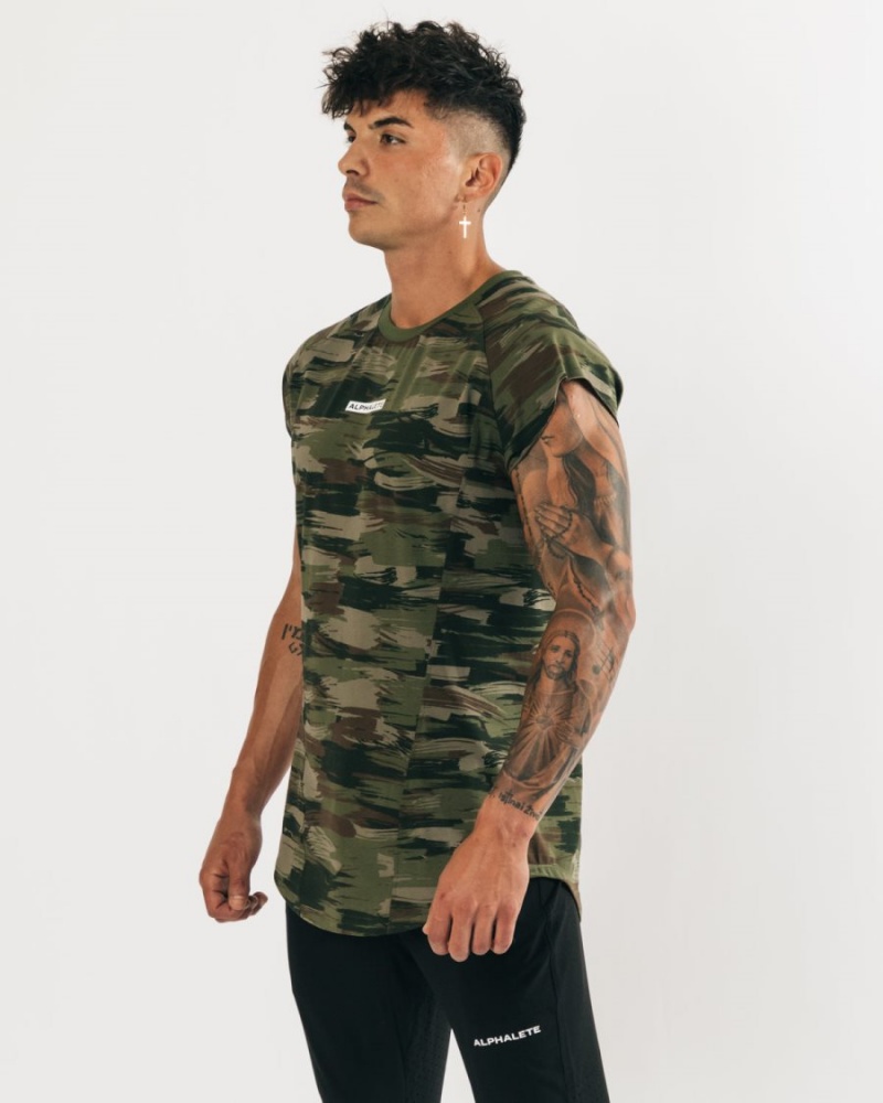 Men's Alphalete Velocity Sleeveless Tee Stringers Olive Canvas Camo | 1729-IDAOQ