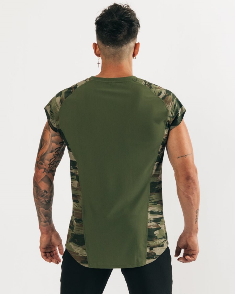 Men's Alphalete Velocity Sleeveless Tee Stringers Olive Canvas Camo | 1729-IDAOQ