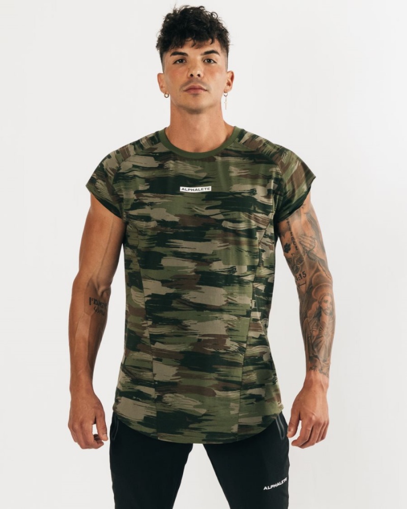 Men\'s Alphalete Velocity Sleeveless Tee Stringers Olive Canvas Camo | 1729-IDAOQ